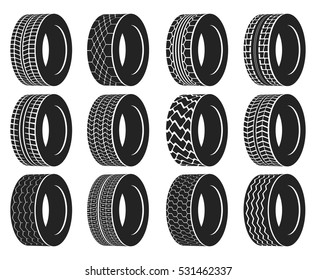 Tire Or Wheel For Truck Or Bus, Automobile Tyre. Winter Protector Isolated Or Transport Icons, Tractor Tyre With Track. Vulcanization Or Garage, Rally Sport Or Tire Mount, Car Maintenance Logo