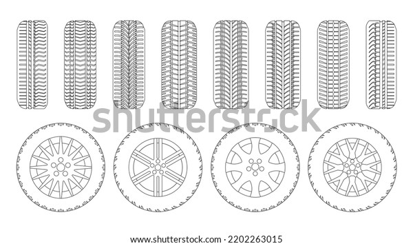 Tire wheels realistic outline set icon. Vector\
illustration rubber wheels on white background. Vector realistic\
outline set icon tire wheels\
.