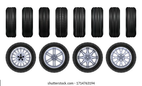 Tire wheels realistic set icon. Vector illustration rubber wheels on white background. Vector realistic set icon tire wheels .