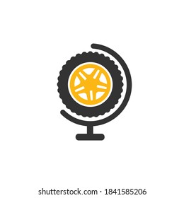Plantilla del logotipo del vector del mundo de los neumáticos. Combinación de la rueda del vector y el logotipo del planeta.	