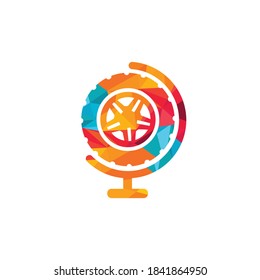 Plantilla del logotipo del vector del mundo de los neumáticos. Combinación de la rueda del vector y el logotipo del planeta.	