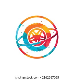Tire world vector logo template. Vector wheel and planet logo combination.	