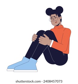 Tired african american woman hugging knees 2D linear cartoon character. Winter blues. Fatigue black girl isolated line vector person white background. Emotional burnout color flat spot illustration