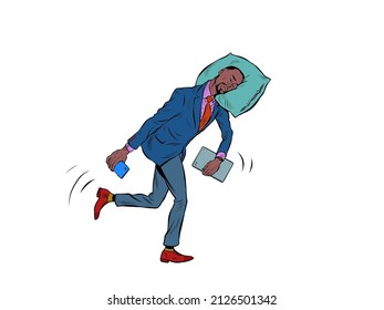 A tired African businessman sleeps on the move. Goes to work in the morning with his head on a pillow. Pop Art Retro Vector Illustration 50s 60s Vintage kitsch style