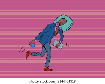 A tired African businessman sleeps on the move. Goes to work in the morning with his head on a pillow. Pop Art Retro Vector Illustration 50s 60s Vintage kitsch style