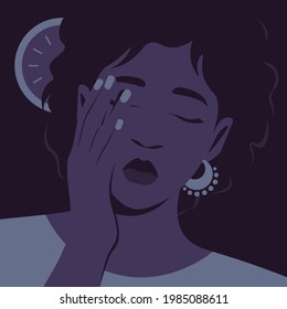 The tired African woman in the background with a wall clock in the office at night. Fatigue, depression. Vector flat illustration