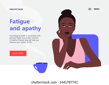 A tired African woman sits at the table and holds her head in her hand. Apathy and depression. Boring study and work. Website template for health and lifestyle. Vector flat illustration