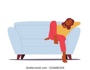 Tired African Woman Sitting on Sofa with Closed Eyes, Sleep or Nap. Sleeping Female Character Tiredness, Stress, Burnout or Depression Isolated on White Background. Cartoon People Vector Illustration