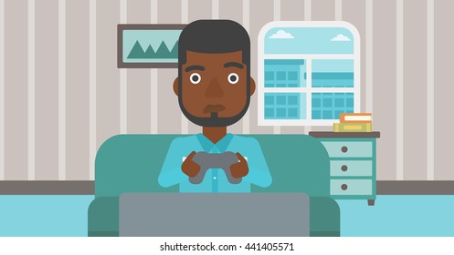 A tired african-american man sitting on a sofa with gamepad in hands on the background of living room vector flat design illustration. Horizontal layout.