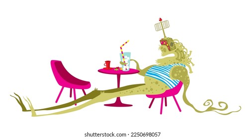 A tired alien monster rests and drinks a cold cocktail. Vector image for prints, poster and illustrations.