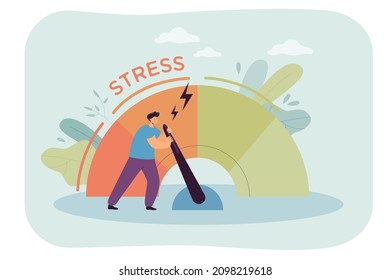 Tired and angry business person reducing level of stress. Male character pulling arrow, frustration measure flat vector illustration. Stress, crisis, time management concept for banner, website design