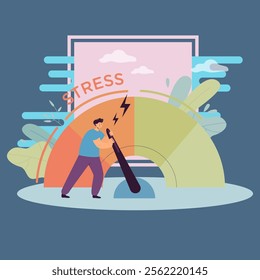 Tired and angry business person reducing level of stress. Male character pulling arrow, frustration measure flat vector illustration. Stress, crisis, time management concept for banner, website design