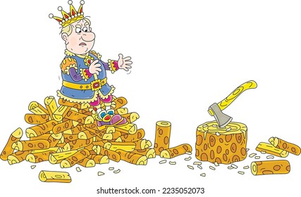 Tired angry king in a golden crown sitting on a pile of chopped firewood and looking with displeasure at an ax stuck in a stump, vector cartoon illustration isolated on a white background