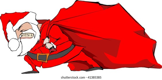 Tired and angry Santa dgrags a Christmass Bag