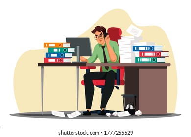 Tired annoyed overworked multitasking office clerk manager talking mobile phone working at computer in same time. Overwhelming and frustration. Deadline and schedule management. Vector busy workplace