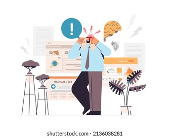 tired arab businessman suffering from headache painful area highlighted in red color sad busy man feeling bad
