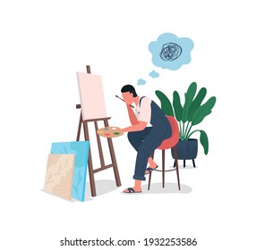 Tired artist at easel flat color vector faceless character. Difficulty drawing. Painter at work. Studio with canvases. Burnout isolated cartoon illustration for web graphic design and animation