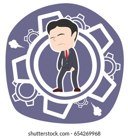 tired asian businessman inside gears