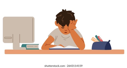 Tired Asian primary school boy studying at home making homework sitting at desk reading textbook flat vector illustration isolated on white. 