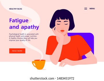 A Tired Asian Woman Sits At The Table And Holds Her Head In Her Hand. Apathy And Depression. Boring Study And Work. Website Template For Health And Lifestyle. Vector Flat Illustration