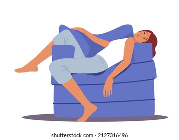 Tired Asleep Female Character Lying on Armchair in Living Room with Open Eyes Isolated on White Background. Tiredness, Depression, Sleeping Deprivation Concept. Cartoon People Vector Illustration