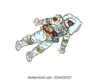 A tired astronaut sleeps in outer space. A professional sleeps at work with his head on a pillow. Pop Art Retro Vector Illustration 50s 60s Vintage kitsch style