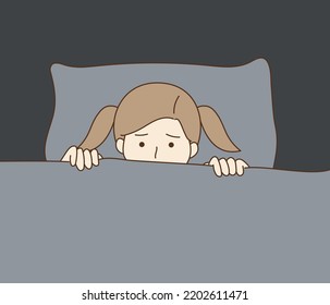 Tired awake child girl suffers from insomnia problem. Girl lying on bed at night. Health, stress, Negative lifestyle concept. Flat cartoon character vector design illustration.