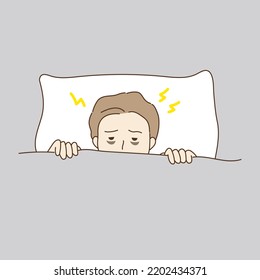 Tired awake man suffers from insomnia problem. Boy with dark circle lying on bed at night. Health, stress, Negative lifestyle concept. Flat cartoon character vector design illustration.