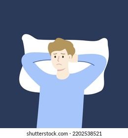 Tired awake man suffers from insomnia problem. Depressed boy lying on bed at night. Health, sleep disorder, loneliness, stress, lifestyle concept. Flat cartoon character vector design illustration.