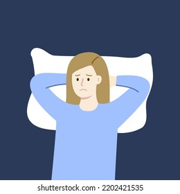 Tired awake woman suffers from insomnia problem. Depressed girl lying on bed at night. Health, sleep disorder, loneliness, stress, lifestyle concept. Flat cartoon character vector design illustration.