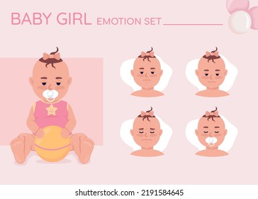 Tired baby girl semi flat color character emotions set. Editable facial expressions. Childhood vector style illustration for motion graphic design and animation. Quicksand font used