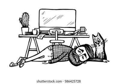Tired bearded man lying on the floor near the work desk with computer screen, cat sit near. Hand drawn illustration of Tired hipster. Vector Illustration - stock vector.