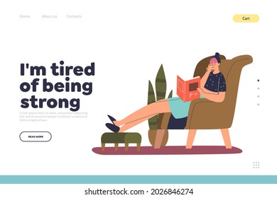 Tired of being strong concept of landing page with exhausted woman falling asleep reading book at home in armchair. Frustrated overwork female sleeping. Cartoon flat vector illustration