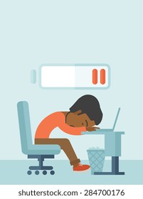 A tired black employee fall asleep at his desk with sign of low batt on the top of his head. A contemporary style with pastel palette soft blue tinted background. Vector flat design illustration