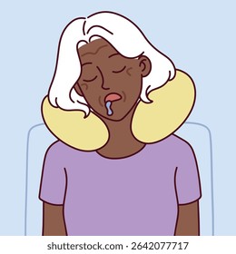 Tired Black senior woman falls asleep with neck pillow during flight. Symbol of comfort, age, and long-distance travel.