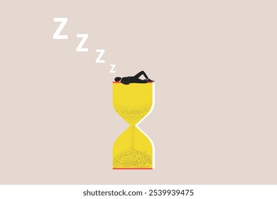 Tired bored businessman sleep on hourglass. concept of boring work, dead end job, overwork extra after hours, lack of sleep, insomnia consequences, need rest