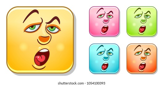 Tired and bored Emoji face. Emoticons collection. Colorful smiley set. Avatar symbol, internet message or chat icon, sign for web mobile app, logo, label, patch, sticker.