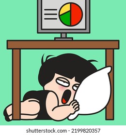 Tired Or Bored Funny Female Employee Lying Asleep Under Table In Office Concept Card Character illustration