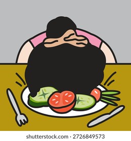 Tired And Bored Lady Puts Her Head Into Healthy Veggie Plate Concept Cartooon Character illustration