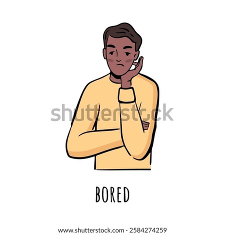 Tired or bored male personage with upset facial expression. Vector flat cartoon character, isolated guy showing uninterested emotion, apathy or indifference. Not interested boy, inattentive student