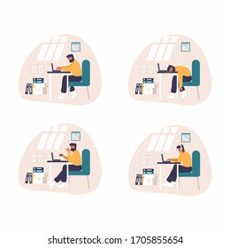 Tired and bored man is working with computer. Flat fun illustration of tired student studying or working using pc at home desk. Young man reading email, coding a website, sleeping at desk