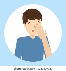 Tired or bored man yawn. Sleepy guy with open mouth. Boy yawning covering mouth with hand. Isolated flat vector illustration