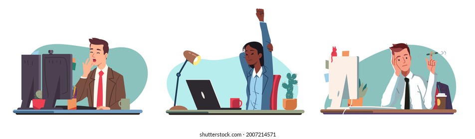 Tired, bored, sleepy, business men, woman workers procrastinating at computer work desk. Exhausted employee persons yawning, stretching, playing with pen at office workplace. Flat vector illustration
