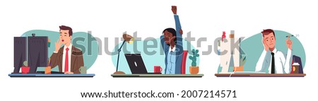 Tired, bored, sleepy, business men, woman workers procrastinating at computer work desk. Exhausted employee persons yawning, stretching, playing with pen at office workplace. Flat vector illustration
