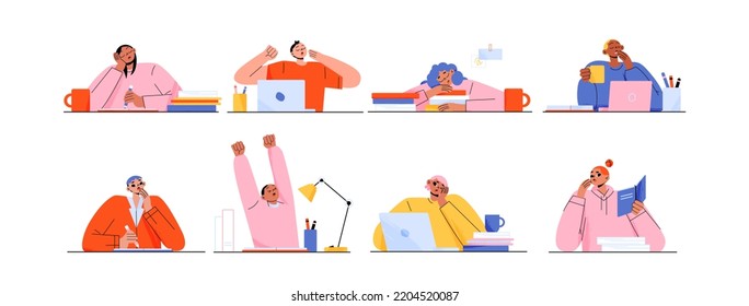 Tired and bored students feel sleepy. Diverse young characters yawn and sleep sitting at table with books, coffee and laptops, vector flat illustration isolated on white background