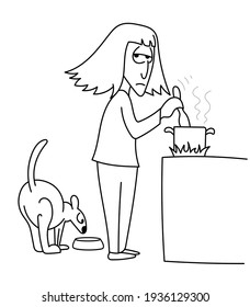 Tired and bored woman standing in the kitchen and stirring food on the fire with her dog eating behind her. Cartoon sketch hand drawn style vector illustration.