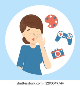 Tired or bored woman yawn. Sleepy girl with open mouth. Lady yawning covering mouth with hand. Getting bored from different activity. Isolated flat vector illustration