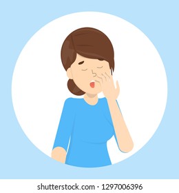 Tired Or Bored Woman Yawn. Sleepy Girl With Open Mouth. Lady Yawning Covering Mouth With Hand. Getting Bored From Different Activity. Isolated Flat Vector Illustration