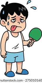 Tired boy cartoon, ping pong player, exhausted kid, sports fatigue, table tennis, sweaty face, humorous scene, flat vector illustration
