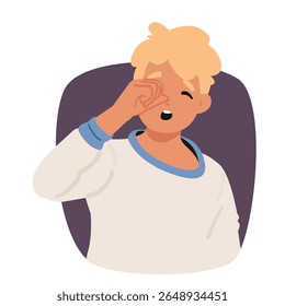 Menino cansado personagem de desenho animado esfregando os olhos se sentindo mal, sonolento e desconforto expressando exaustão e projeto de retrato de bolha. Crianças sensações emocionais e cansaço ilustração de vetor